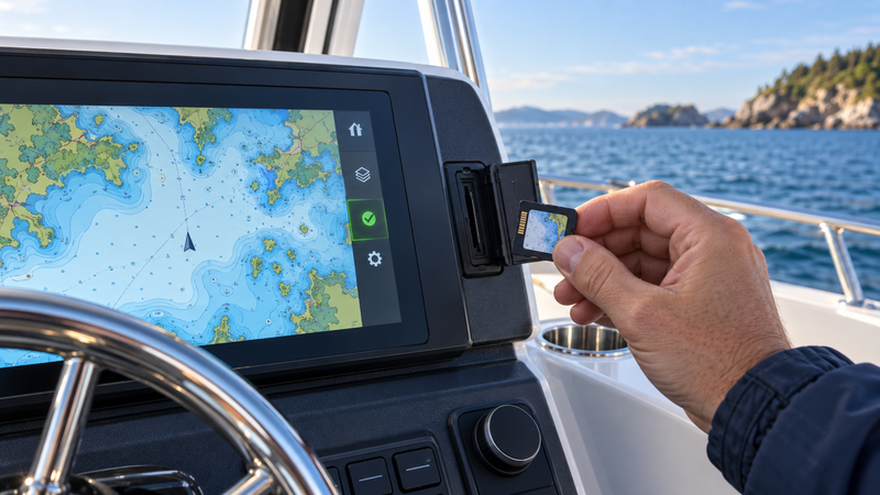 Coastal chart card being matched with a marine chartplotter at a fishing-boat helm to check Humminbird CoastMaster compatibility.