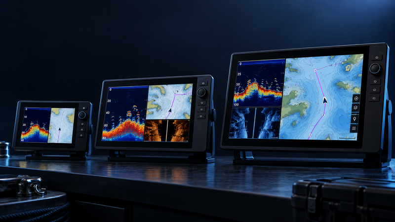 Three modern marine fish finder chartplotter displays in compact mid-size and large screen formats on a technical workbench