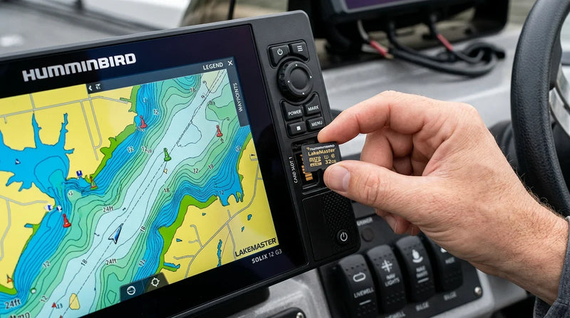 Angler checking a microSD map card beside a marine fish finder displaying freshwater contour mapping.