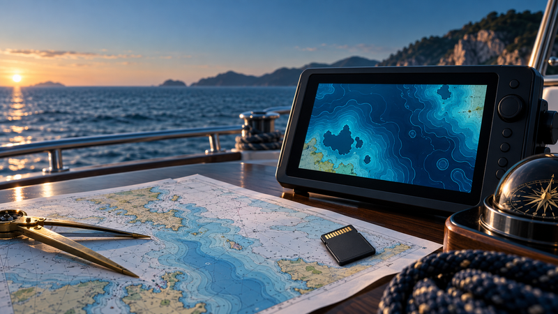 Marine map card beside a chartplotter with contour mapping and compatibility check indicators
