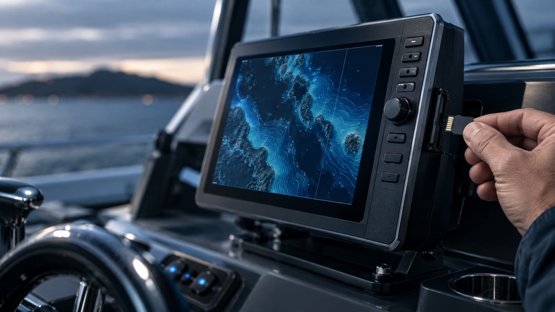 Marine GPS fishfinder with a microSD map card being checked for compatibility at a boat helm.
