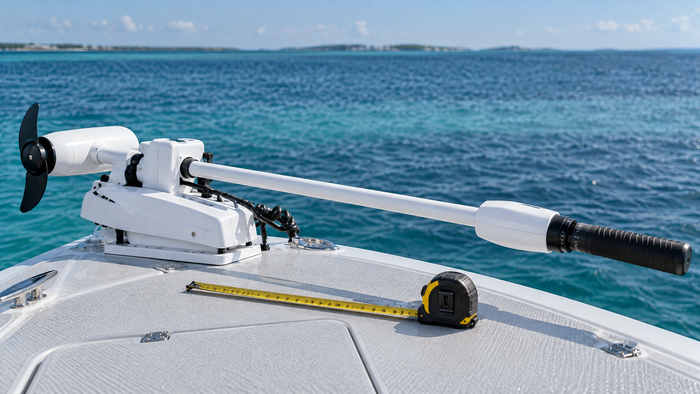 Minn Kota Riptide Edge trolling motor shaft and hand-control handle with a measurement tape on a fishing boat bow