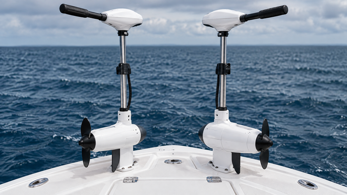 Two white bow-mounted saltwater trolling motors on a fishing boat bow above wind-rippled ocean water.