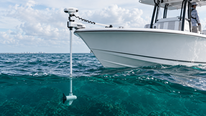 Long-shaft Riptide Instinct QUEST-style saltwater trolling motor deployed from a center-console bow with the lower unit submerged