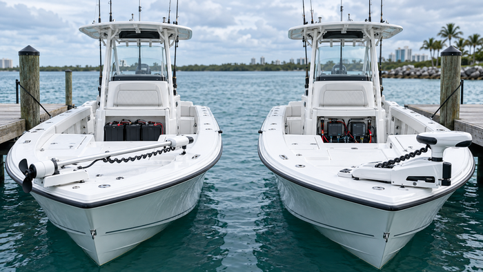 Two center-console boats comparing brushed and QUEST-style saltwater bow-mount trolling motor setups