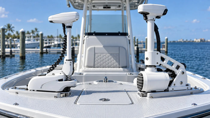 Side by side comparison of Minn Kota Riptide Ulterra and heavy duty Riptide Instinct QUEST bow mount trolling motors