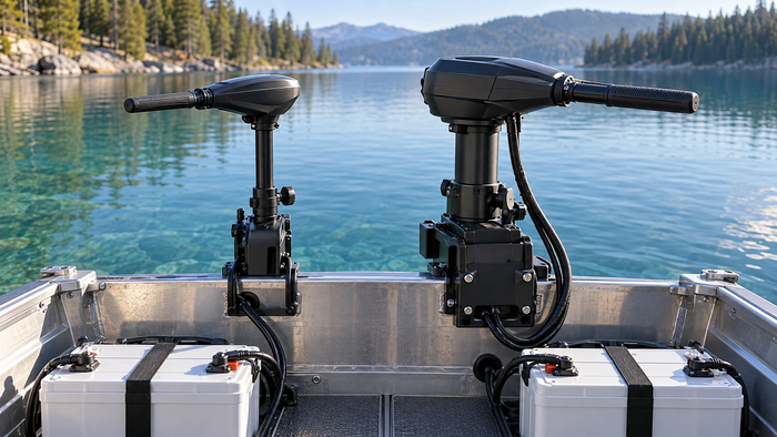 Two black freshwater transom-mounted trolling motors beside marine batteries on the stern of a fishing boat