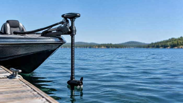 Freshwater boat bow with a trolling motor shaft extending toward the lake waterline