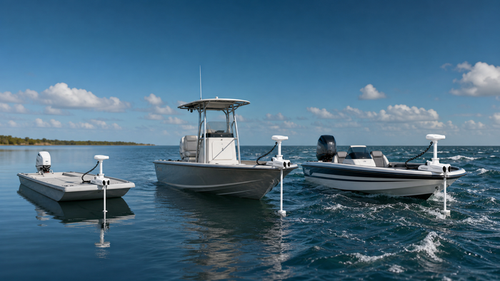 Three saltwater fishing boats comparing Riptide Maxxum 55, 70 and 80 lb trolling-motor thrust in changing water conditions