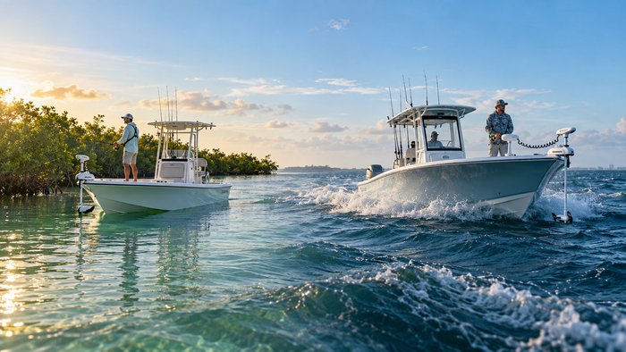 Two saltwater fishing boats comparing Riptide PowerDrive 55 and 70 lb trolling-motor use in calm and choppy water