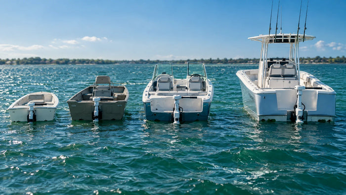Four saltwater fishing boats comparing Riptide Transom 45, 55, 80 and 112 lb trolling-motor thrust