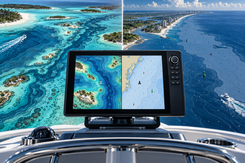 CoastMaster Florida Premium and U.S. Coastal Standard chart coverage comparison on marine display
