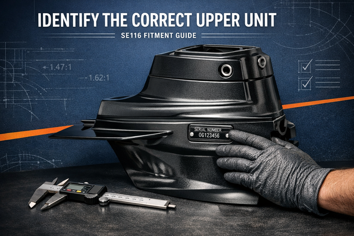 Mechanic identifying the correct Alpha One Gen II upper unit using drive labels, part numbers and gear ratio information