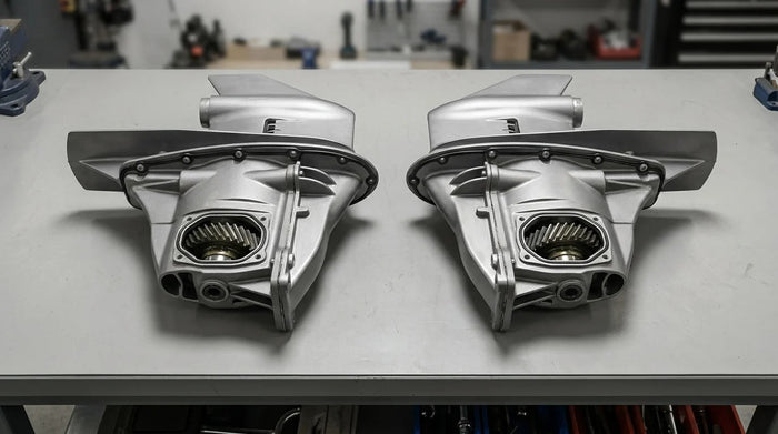 Standard and counter-rotating Alpha One Gen II lower unit gearcases side by side on a workshop bench for comparison