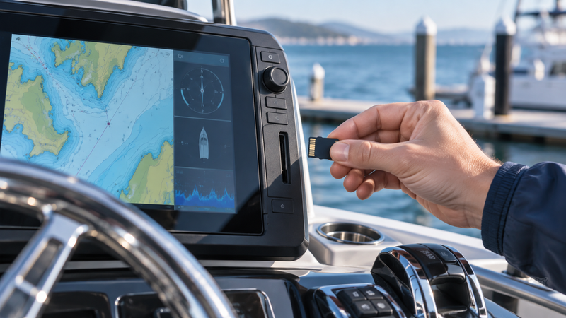 CoastMaster chart card held beside a compatible marine chartplotter at the boat helm