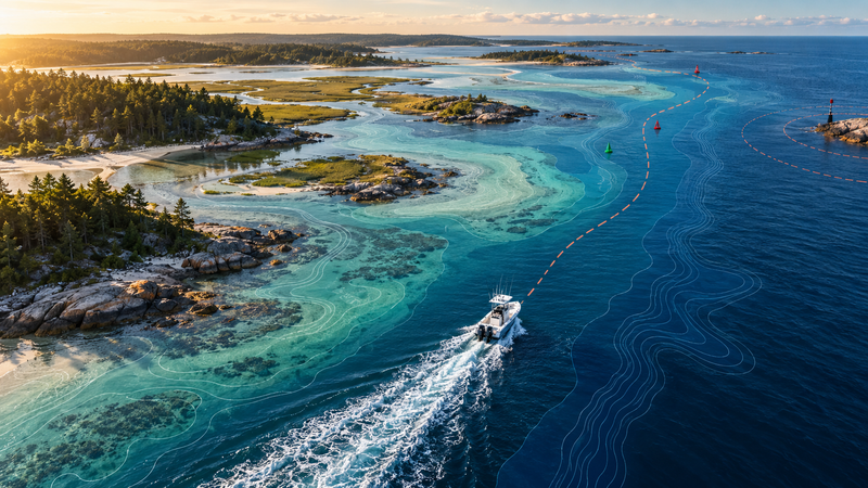 Fishing boat navigating coastal waters with chart contours, depth zones and route overlays illustrating CoastMaster coastal chart coverage.