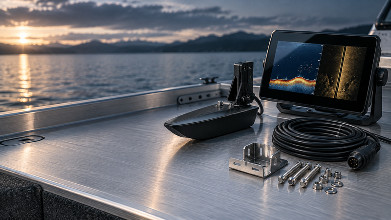 Marine fish finder control head beside a sonar transducer cable and mounting hardware on a boat deck