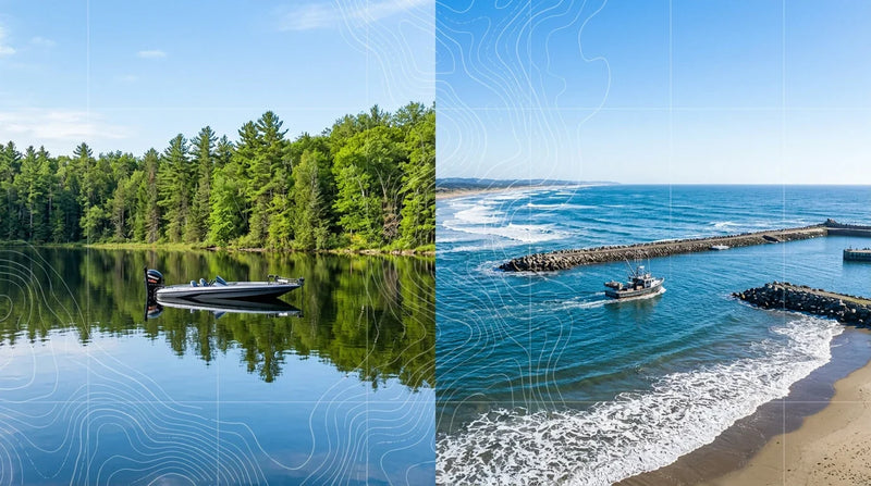 Marine chartplotter comparing freshwater lake contours with coastal navigation charts between a forested lake and ocean inlet.
