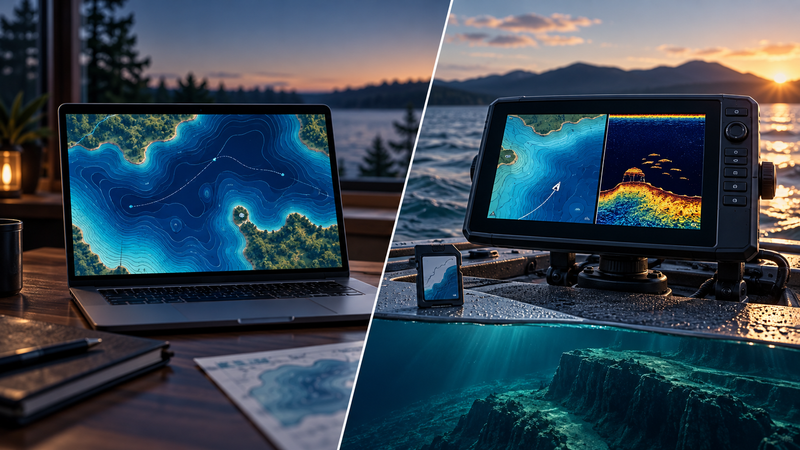 Laptop planning software compared with a marine display and map card for legacy cartography selection