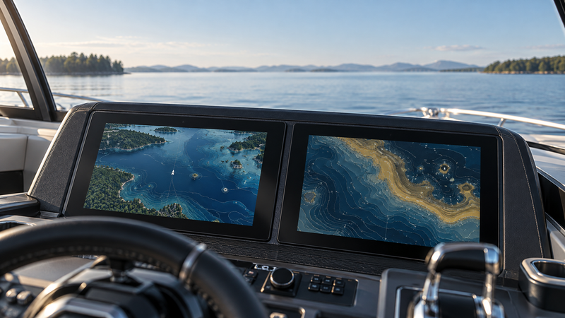 Dual marine navigation displays at a boat helm showing broad lake coverage and detailed contour mapping for map edition comparison.