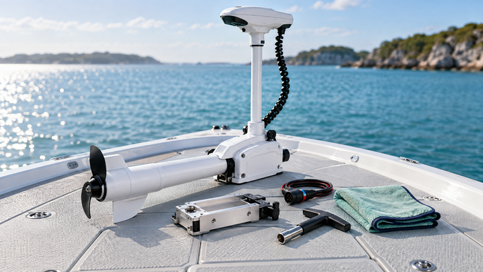 Minn Kota Riptide Edge saltwater trolling motor with marine accessories on a clean fishing boat deck
