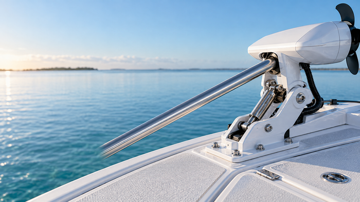 Close-up of a white bow-mounted saltwater trolling motor with a long shaft and lift-assist mechanism being stowed on a fishing boat.