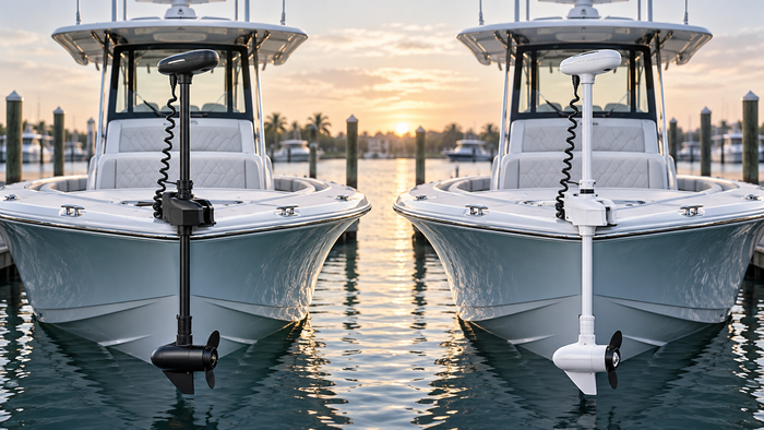 Matching offshore boat bows with black and white Riptide Instinct QUEST-style trolling motors displayed side by side