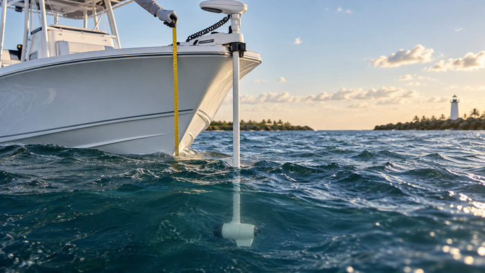 Measuring bow-to-waterline distance beside a deployed long-shaft saltwater trolling motor in coastal chop