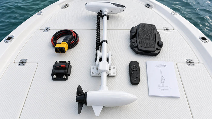 Minn Kota Riptide Ulterra trolling motor accessories quick disconnect plug breaker remote and manual on boat deck