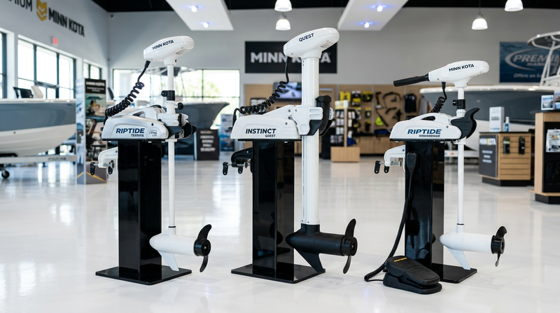 Marine showroom comparison displaying three white saltwater bow-mount trolling motors: Minn Kota Riptide Terrova, Instinct QUEST, and PowerDrive.
