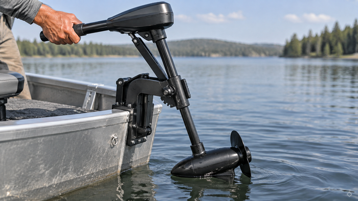 Hand operating a black freshwater transom-mount tiller trolling motor during stow and deployment on a fishing boat