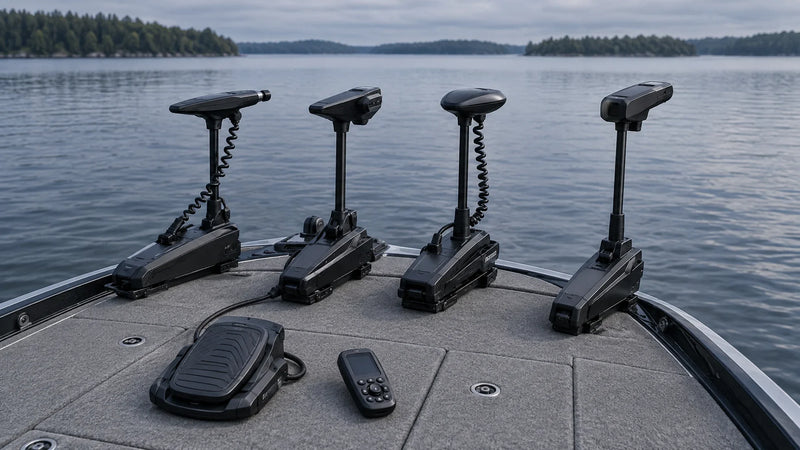 Four freshwater bow-mount trolling motors with a foot pedal and wireless remote on a bass boat deck