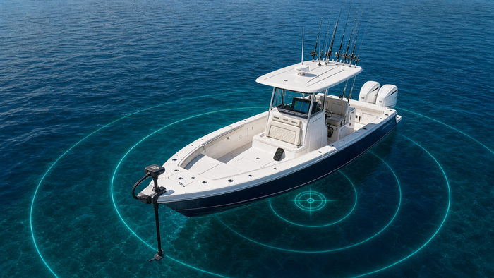 Center-console fishing boat holding position with a bow-mounted trolling motor and GPS anchor position indicator