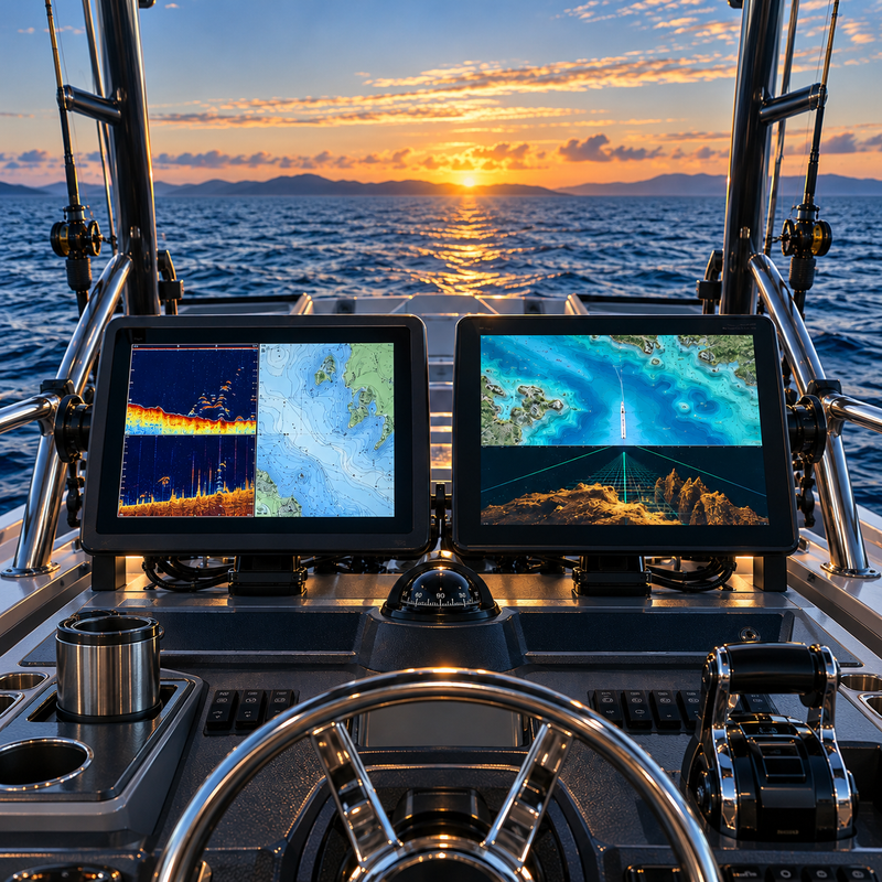 SOLIX versus current Humminbird fish finder displays at a boat helm