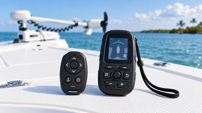 Compact Micro Remote beside a full-size LCD Wireless Remote for a Riptide PowerDrive trolling motor