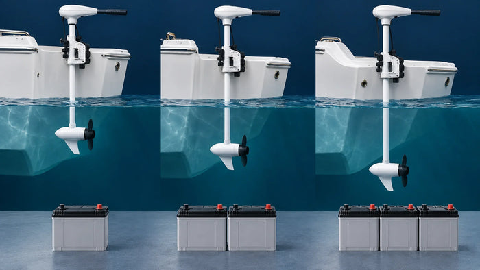 Three white saltwater transom trolling motors comparing 36, 42 and 52-inch shafts with 12V, 24V and 36V marine battery systems