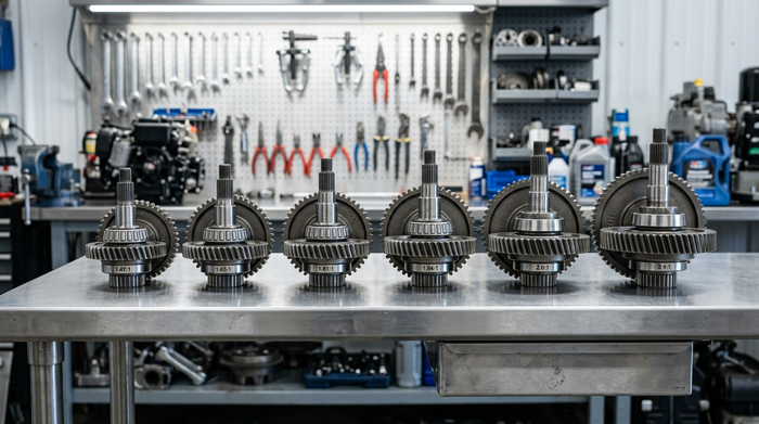 Marine workshop bench with several Alpha One Gen II sterndrive gear sets arranged for gear ratio comparison