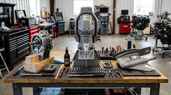  Complete Alpha One Gen II sterndrive alongside a separate upper unit gearcase and lower unit gearcase on a marine workshop bench