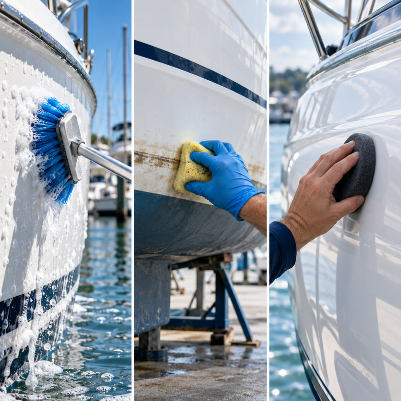 Three-panel comparison of a boat hull being washed, a waterline stain treated with a sponge and finish-care product applied to dry fiberglass.