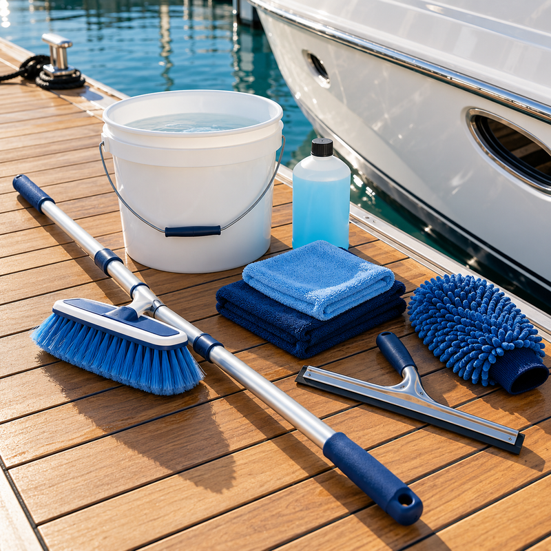 Boat cleaning supplies arranged on a marina dock, including a bucket, blue deck brush, telescoping handle, microfiber towels, wash mitt and squeegee.