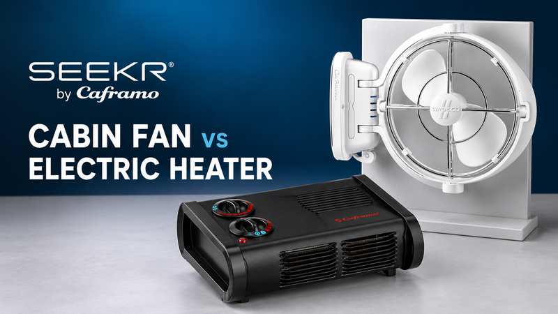 White SEEKR by Caframo Bora II cabin fan mounted inside an RV with a separate roof vent fan visible in the ceiling