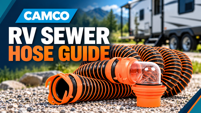 Camco RhinoEXTREME black and orange sewer hose kit with a clear elbow beside a travel trailer, with RV Sewer Hose Guide text.