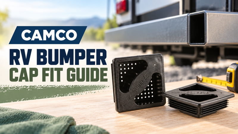 Round Camco utility bag and rectangular Camco storage bag on a campsite bench beside an RV