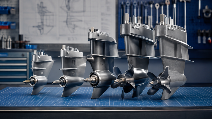 Row of Evinrude and Johnson outboard lower unit gearcases of different sizes arranged side by side on a workshop bench for fitment comparison.