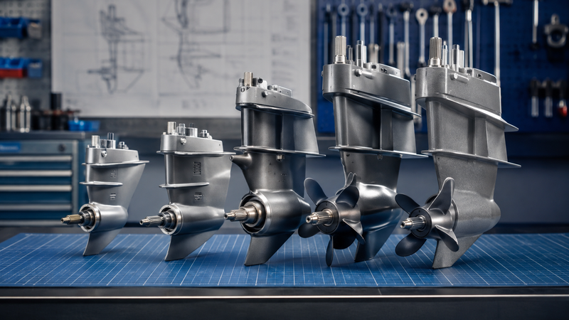 Row of Evinrude and Johnson outboard lower unit gearcases of different sizes arranged side by side on a workshop bench for fitment comparison.