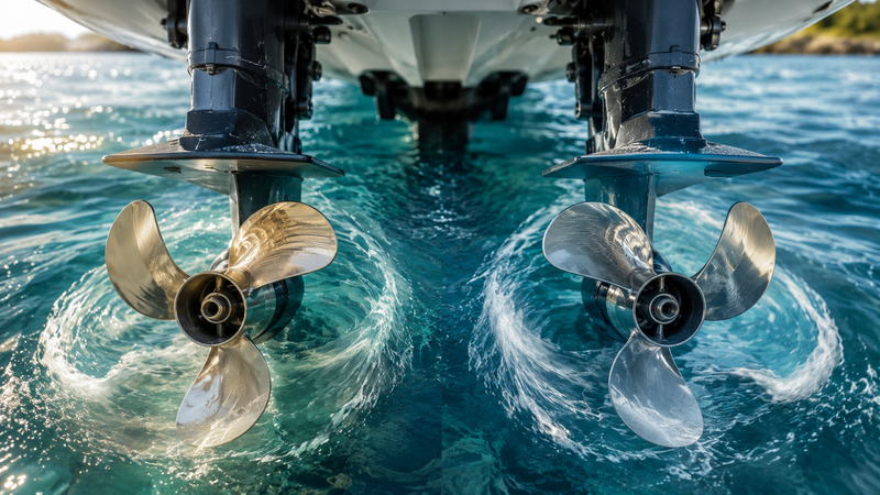 Two boat outboard propellers spinning in opposite directions underwater, illustrating standard versus counter-rotation lower units.