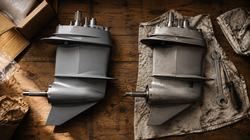 A brand-new outboard lower unit gearcase next to a refurbished lower unit gearcase, laid side by side on a wooden workbench for comparison.