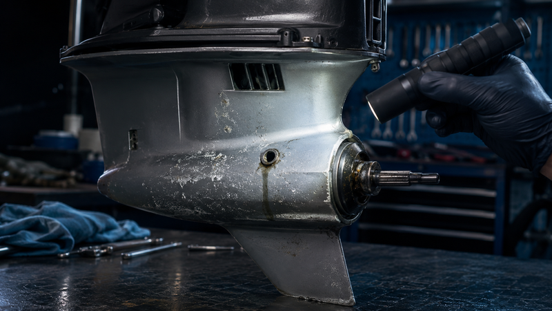 A boat lower unit gearcase on a workbench being inspected with a flashlight, showing light wear near the seal area to illustrate failure diagnosis.