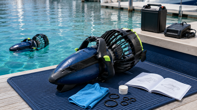 Sea scooter on a dry maintenance mat with battery, charger and care tools beside calm marina water.