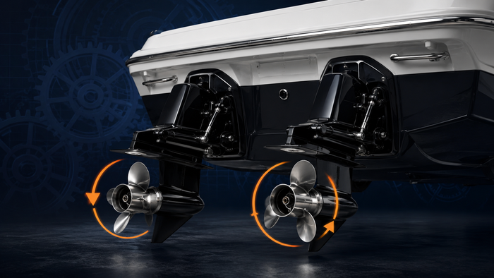 Twin marine sterndrives illustrating standard and counter-rotation configurations